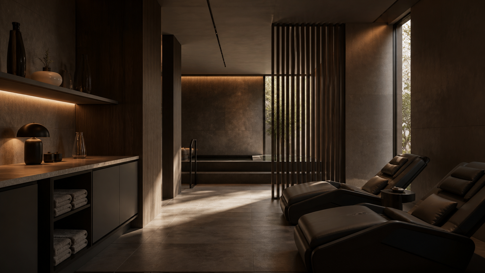 Estudio de recovery con madera natural, luz controlada y equipamiento integrado