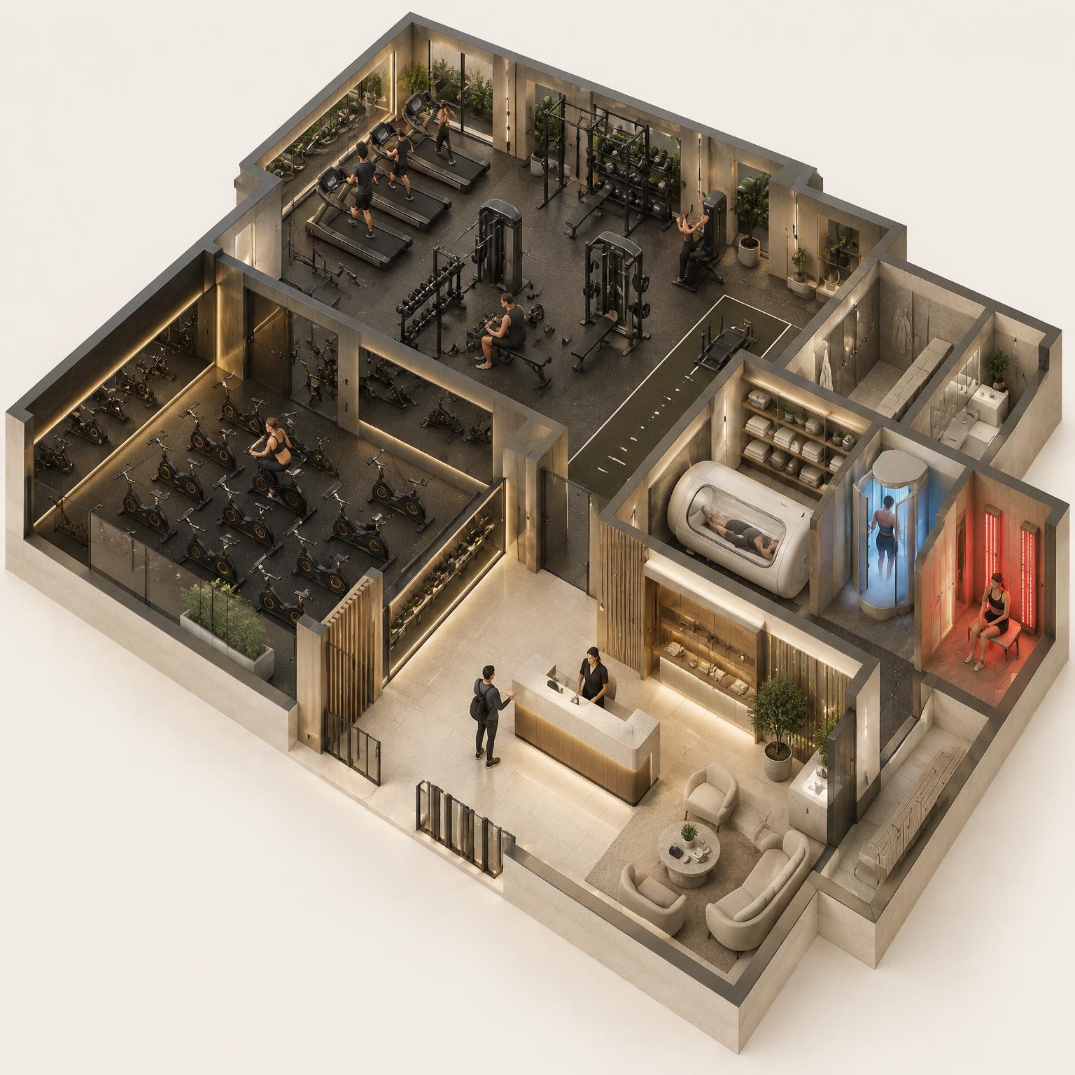 Dibujo axonométrico de un club boutique visto en sección, con sus zonas de acogida, longevity y espacio activo