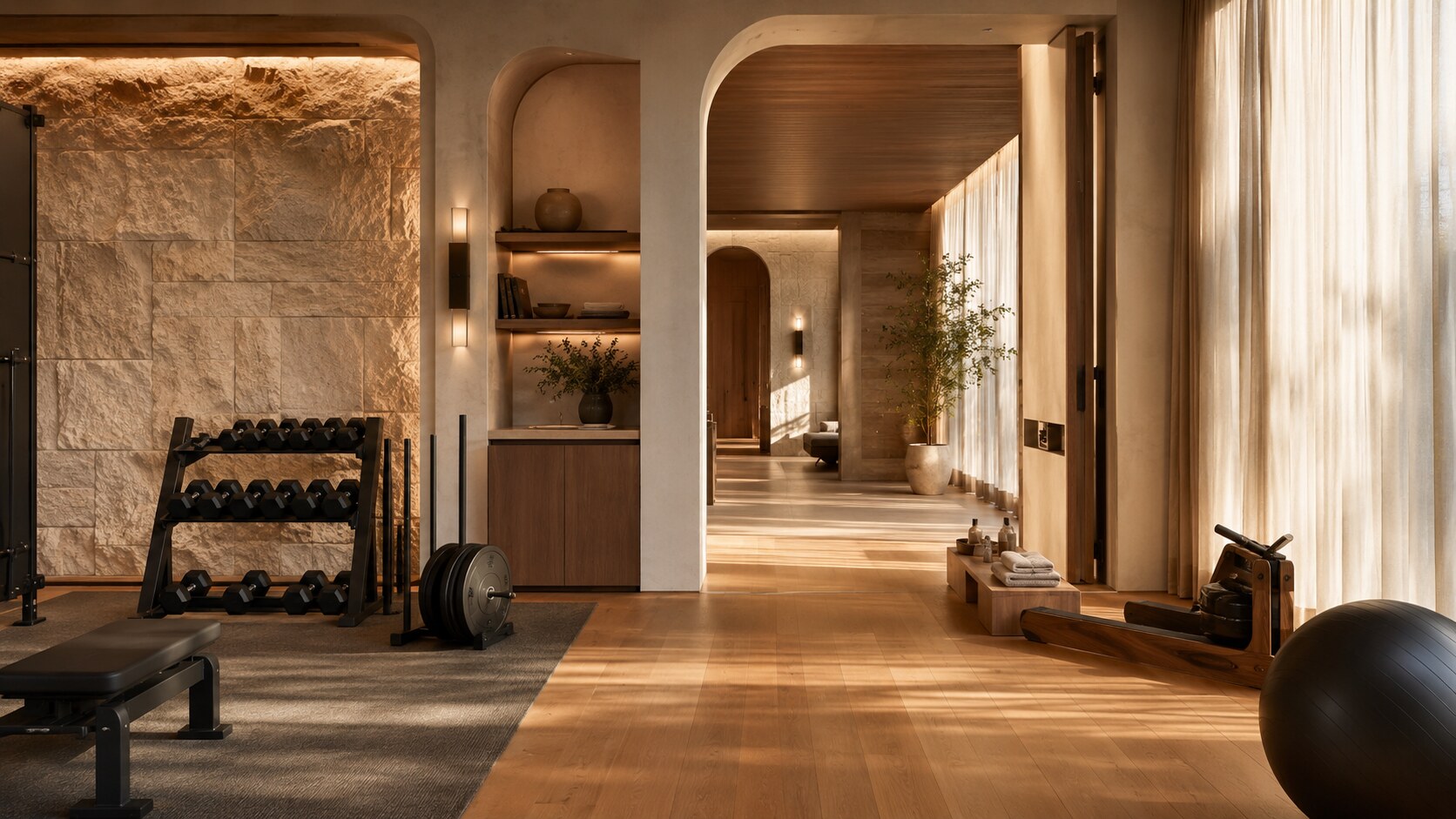 Sala de gimnasio premium con luz natural, suelo de roble y equipamiento Technogym