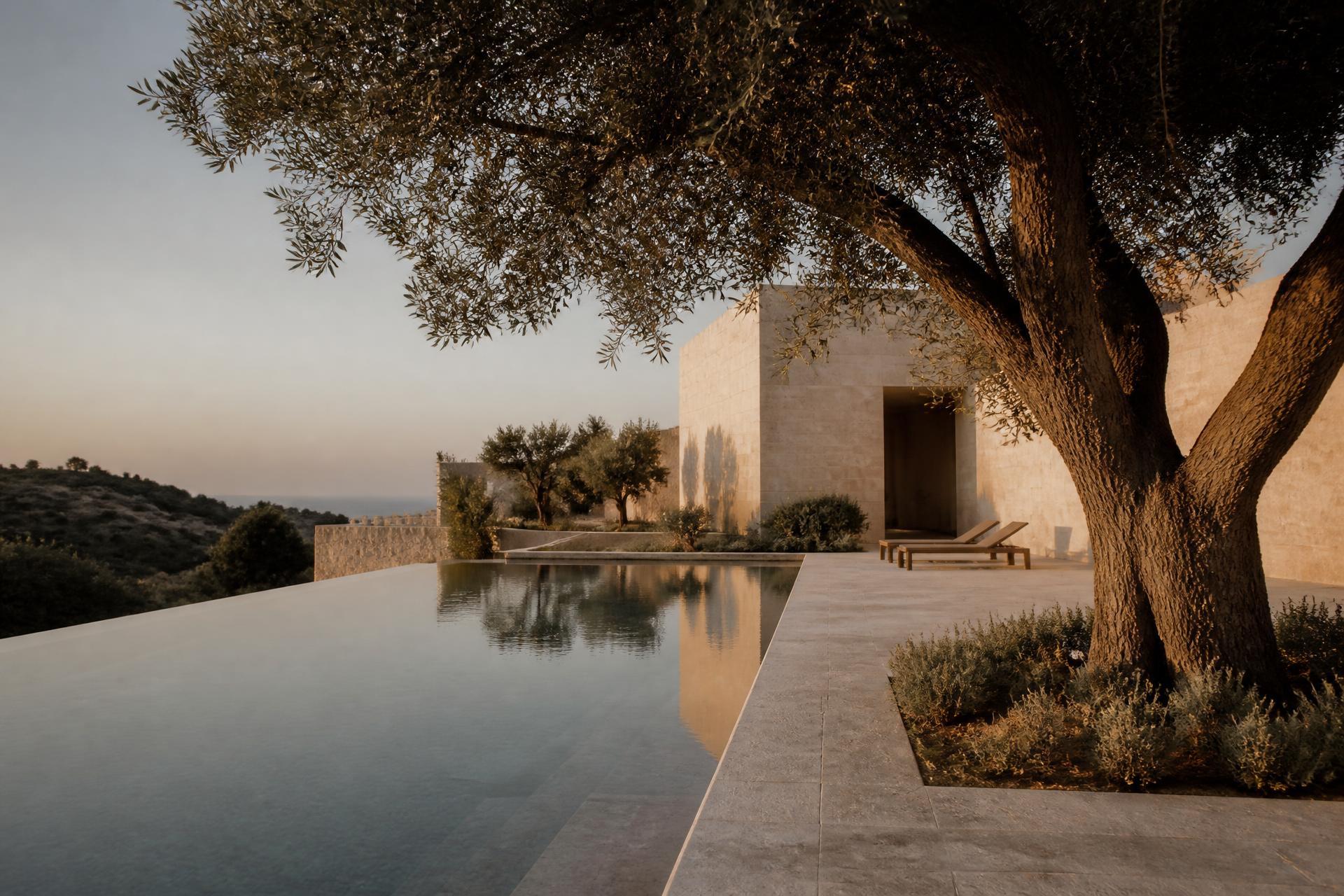 Interior wellness premium con luz natural y arquitectura de tonos neutros