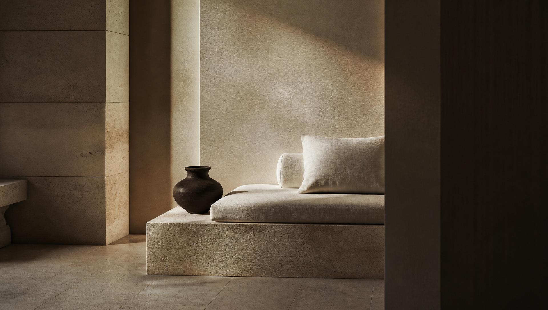 Sala de descanso de un club wellness premium con piedra, lino y luz cálida