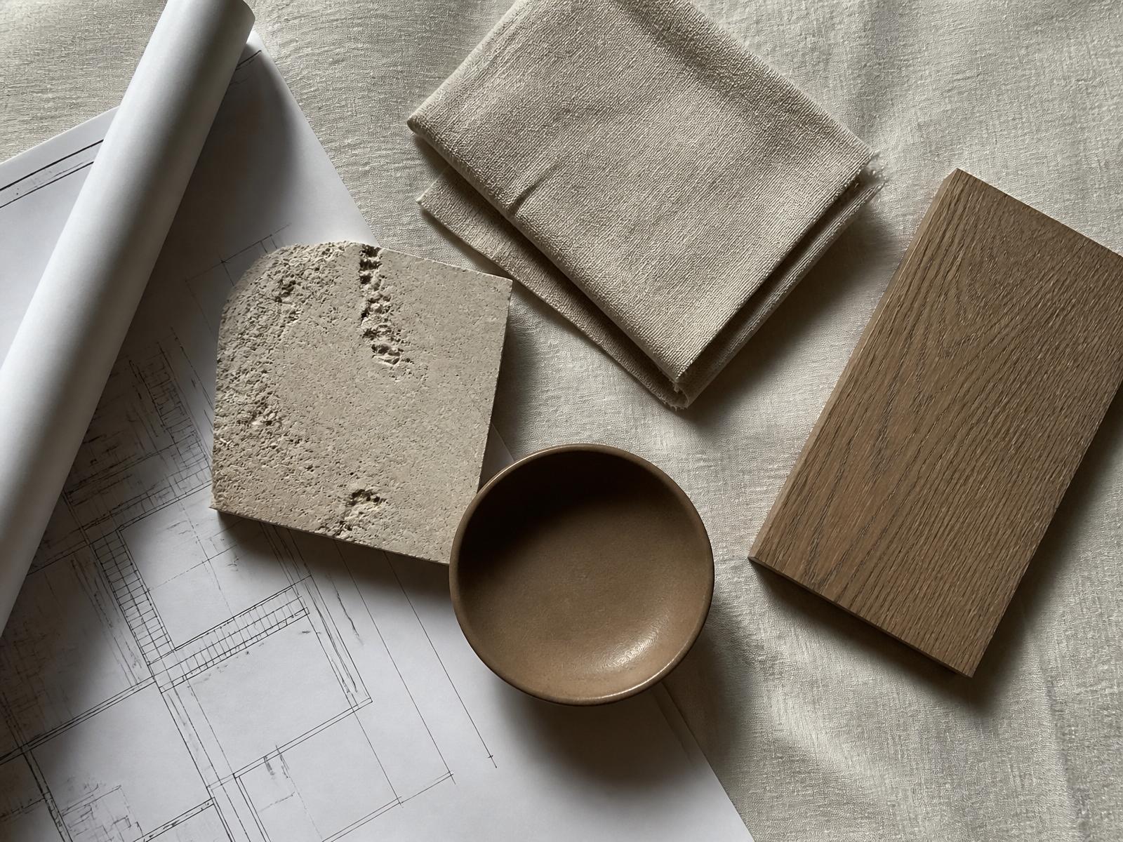 Planos, muestras de materiales y bocetos sobre mesa de trabajo