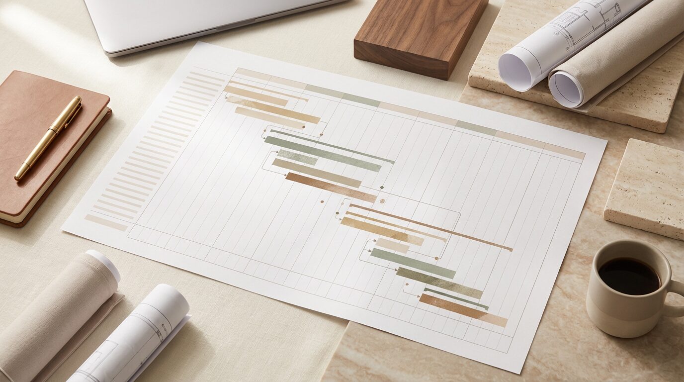 Diagrama de Gantt impreso con las fases del proyecto sobre un escritorio de trabajo con planos y materiales