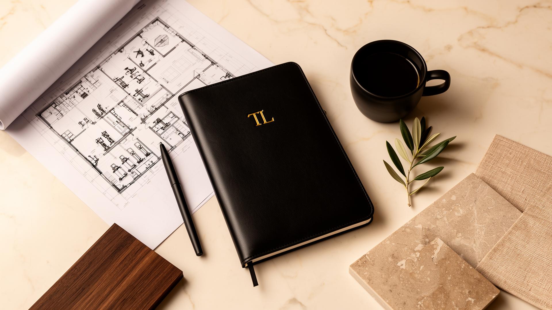 Mesa de trabajo: libreta de cuero TL con planos de un proyecto fitness