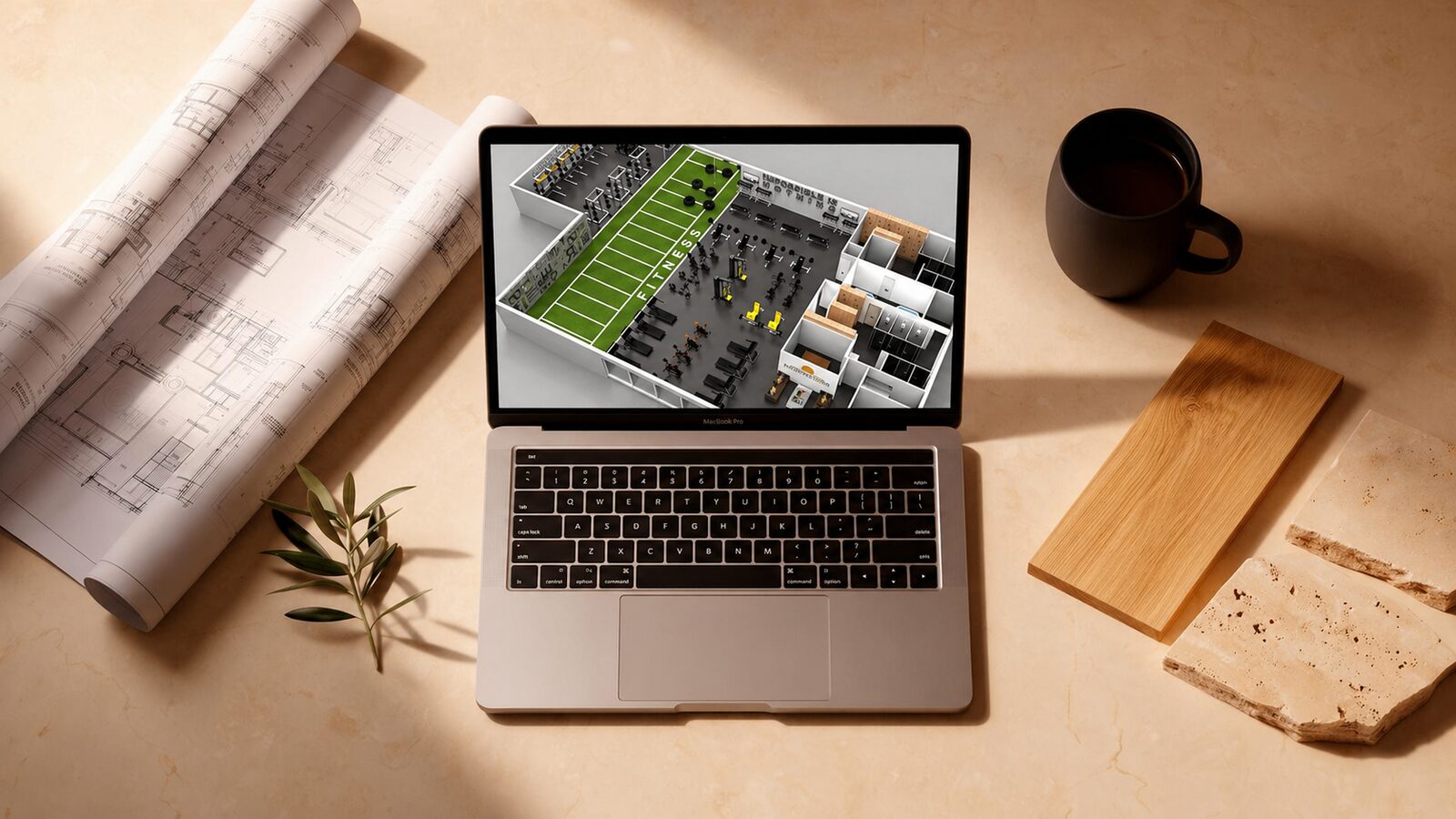Render arquitectónico 3D de un estudio boutique de Pilates en pantalla, junto a planos y muestras de materiales